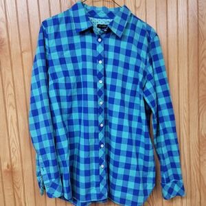 Talbots Womens Blue Teal Buffalo Check Button Down Shirt Polka Dot Trim Large